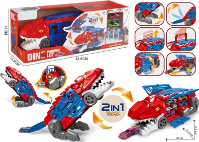 Паркинг Трансформиращ се Динозавър с Катапулт, 2 Метални Колички, Знаци и Дръжка за Носене 49×17×14 см